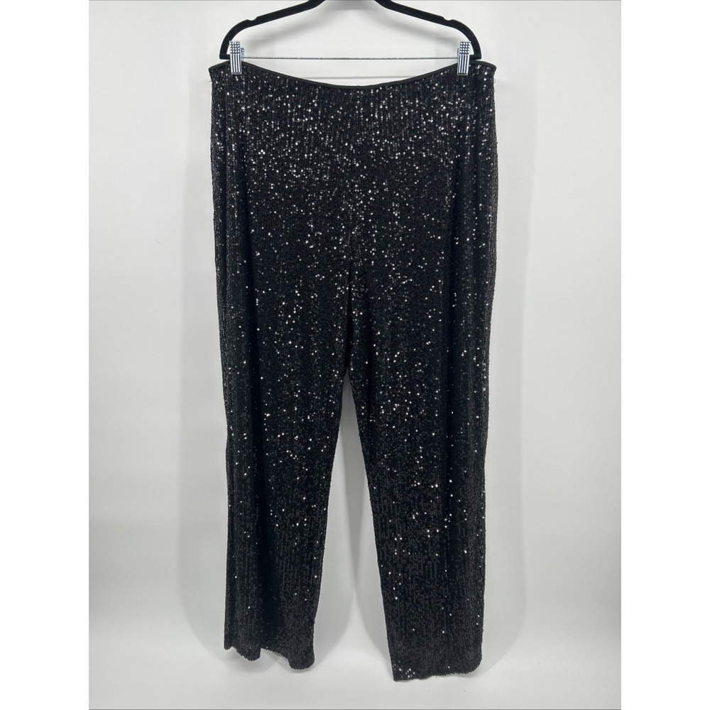 NWT JM Collection Plus Poetic Opulence Deep Black Sequin Wide Leg Pants Sz 2XL